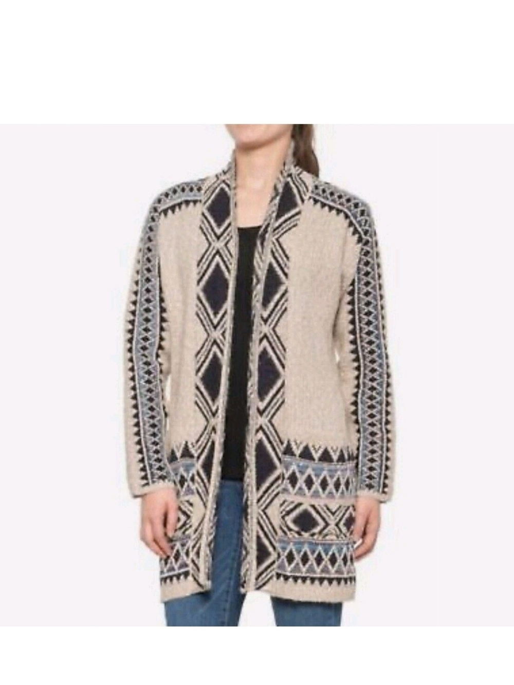 Lucky Brand Boho Aztec Western Tribal Open Cardigan Sweater Womens Sz M Pockets